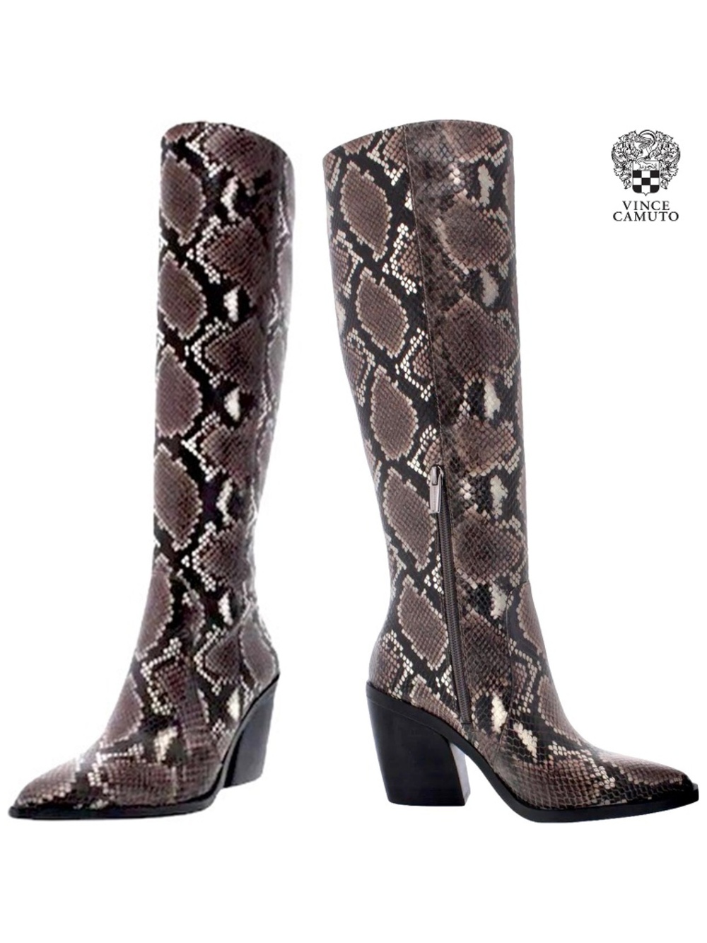 VINCE CAMUTO NIB GRAVANA KNEE HIGH TAUPE PYTHON PRINT LEATHER BOOTS. SIZE 9M